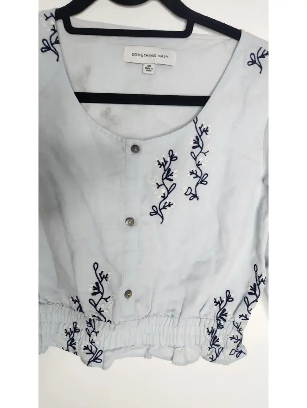 Something Navy Shirt Womens XS Blue Linen Cotton Embroidered Crop Blouse Top